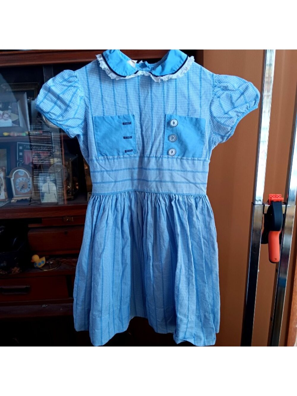 1950's Blue Gingham Vintage Girls Dress 10 Peter Pan Collar Lace Trim Dorothy